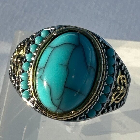 Turquoise Statement Ring Gold Silver Accents Size 8 to 11 - Picture 11 of 15